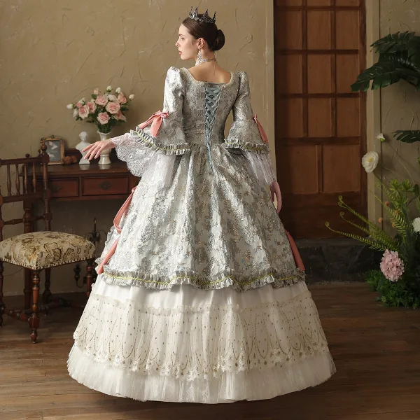 Vintage / Retro Medieval White Lace Flower Bow Prom Dresses 2024 Ball Gown Square Neckline Bell sleeves Floor-Length / Long Prom Formal Dresses