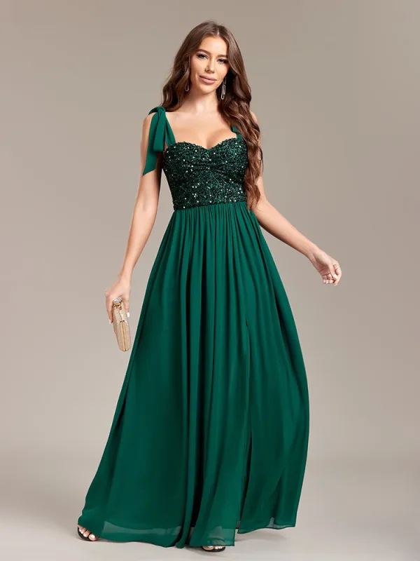 Simple Vert Foncé Perlage Paillettes Fendue devant Robe De Bal 2024 Princesse Bretelles Spaghetti Sans Manches Dos Nu Longue Promo Robe De Ceremonie