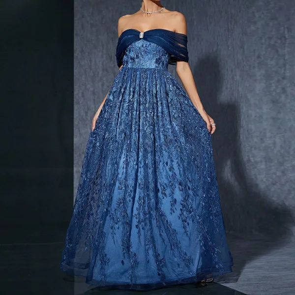 Vintage / Retro Ocean Blue Lace Flower Prom Dresses 2025 A-Line / Princess Off-The-Shoulder Sleeveless Backless Floor-Length / Long Prom Formal Dresses