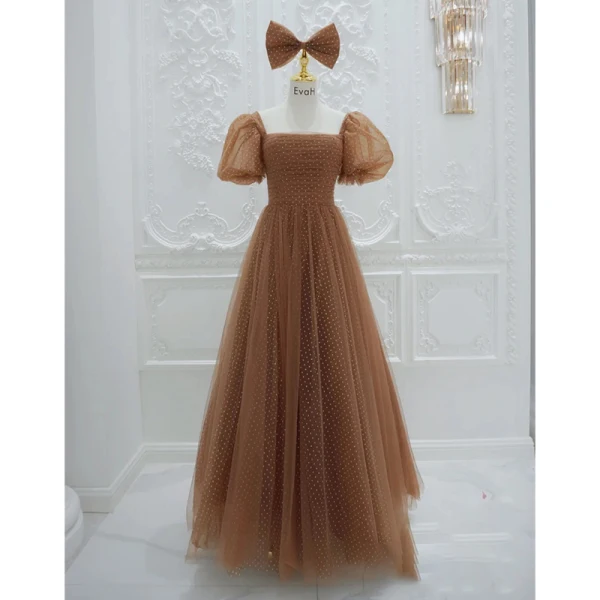 Vintage / Retro Brown Princess Prom Dresses 2021 Square Neckline Crossed Straps Floor-Length / Long Ruffle Tulle Satin Short Sleeve Formal Dresses