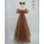 Vintage / Retro Brown Princess Prom Dresses 2021 Square Neckline Crossed Straps Floor-Length / Long Ruffle Tulle Satin Short Sleeve Formal Dresses