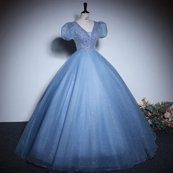 Elegant Sky Blue Beading Sequins Prom Dresses 2023 Ball Gown V-Neck Short Sleeve Backless Floor-Length / Long Prom Formal Dresses