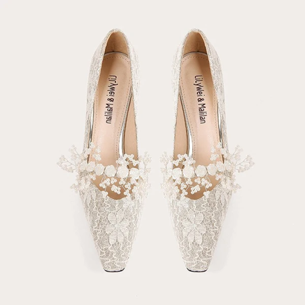 Schöne Beige Perle Pailletten Spitze Blumen Brautschuhe 2023 Leder 7 cm Stilettos Spitzschuh Hochzeit Pumps Hochhackige