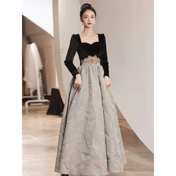 Chic Beautiful Black Suede Prom Dresses 2022 A Line Princess Square Neckline Rhinestone Long Sleeve Floor Length Long Formal Dresses