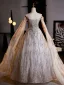 Luxury / Gorgeous Gold Beading Sequins Prom Dresses Ball Gown 2024 Off-The-Shoulder Long Sleeve Backless Floor-Length / Long Prom Formal Dresses