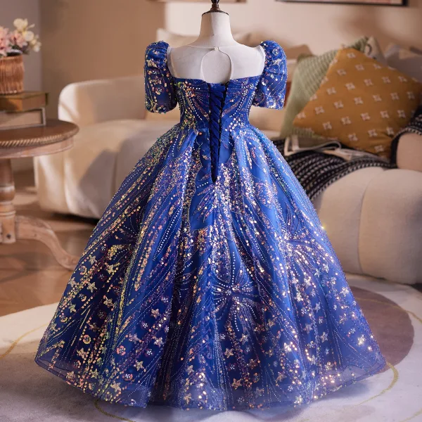 Sparkly Vintage / Retro Ocean Blue Pearl Sequins Birthday Flower Girl Dresses 2025 Ball Gown Scoop Neck Short Sleeve Backless Floor-Length / Long Tulle