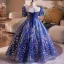 Sparkly Vintage / Retro Ocean Blue Pearl Sequins Birthday Flower Girl Dresses 2025 Ball Gown Scoop Neck Short Sleeve Backless Floor-Length / Long Tulle