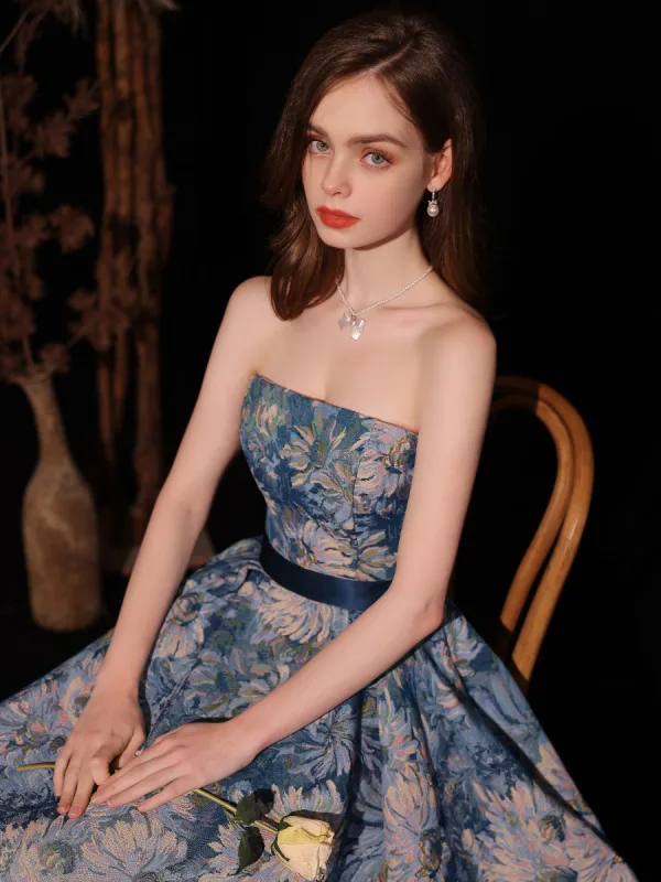 Vintage / Retro Ocean Blue Prom Dresses 2022 A-Line / Princess Square Neckline Puffy Short Sleeve Sash Backless Floor-Length / Long Prom Formal Dresses