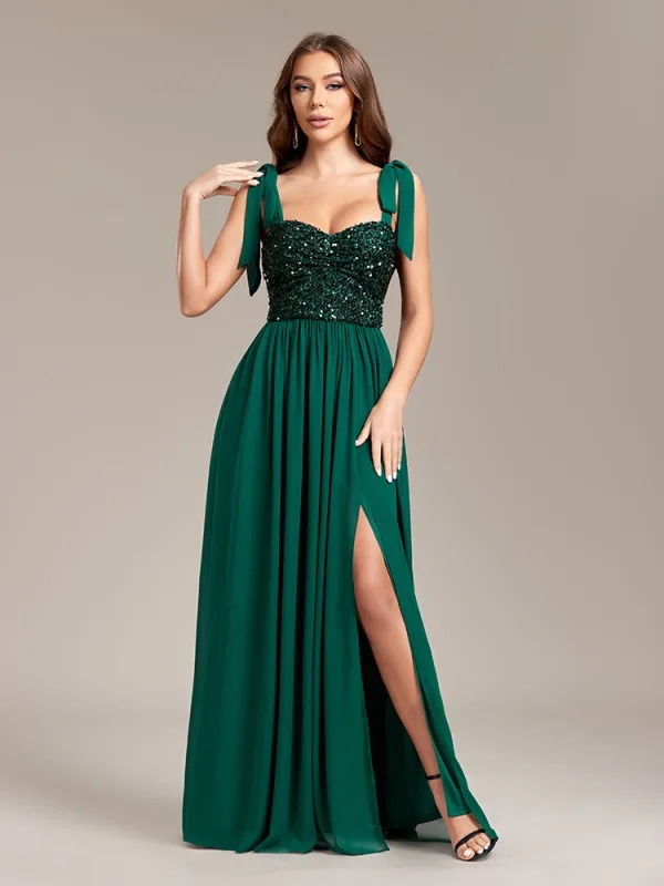 Simple Vert Foncé Perlage Paillettes Fendue devant Robe De Bal 2024 Princesse Bretelles Spaghetti Sans Manches Dos Nu Longue Promo Robe De Ceremonie