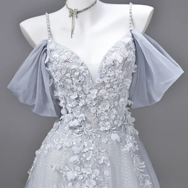 Flower Fairy Prom Dresses Grey Sequins Appliques Prom Dresses 2026 A-Line / Princess Spaghetti Straps Short Sleeve Backless Floor-Length / Long Formal Dresses