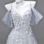Flower Fairy Prom Dresses Grey Sequins Appliques Prom Dresses 2026 A-Line / Princess Spaghetti Straps Short Sleeve Backless Floor-Length / Long Formal Dresses