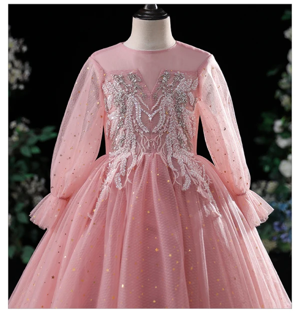 Chic / Beautiful Candy Pink Evening Party Flower Girl Dresses 2022 Ball Gown Scoop Neck Beading Pearl Lace Flower Sequins Long Sleeve Floor-Length / Long Flower Girl Dresses