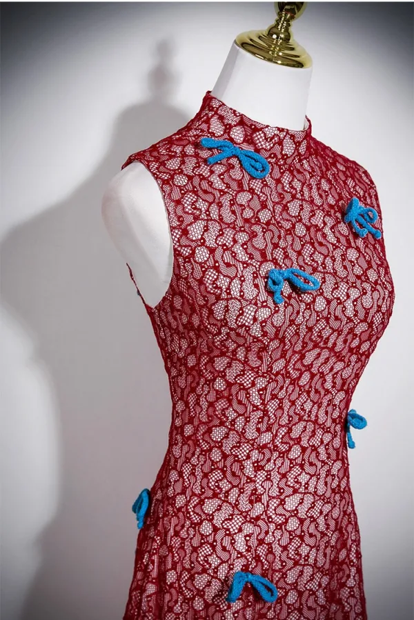 Chiński Styl Vintage Burgund Z Koronki Bal Cheongsam 2025 Syrena / Rozkloszowane Wysokiej Szyi Bez Rękawów Długie