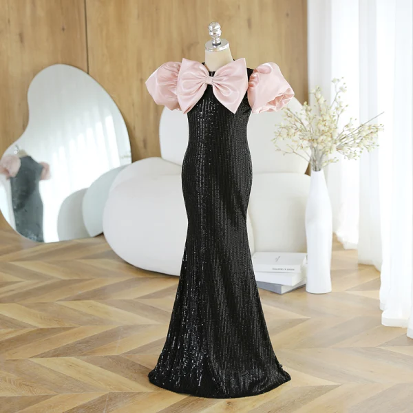 Sparkly Black Sequins Birthday Flower Girl Dresses 2023 Trumpet / Mermaid Scoop Neck Bow Puffy Short Sleeve Floor-Length / Long Flower Girl Dresses