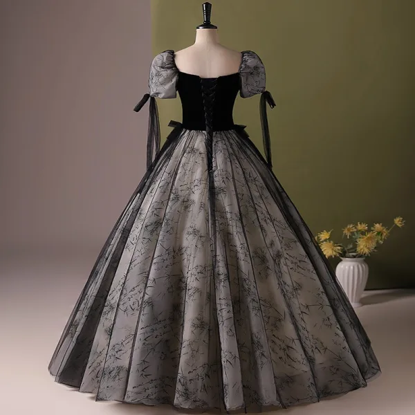 Elegant Black Printing Prom Dresses 2024 Ball Gown Square Neckline Short Sleeve Backless Floor-Length / Long Prom Formal Dresses