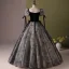 Elegant Black Printing Prom Dresses 2024 Ball Gown Square Neckline Short Sleeve Backless Floor-Length / Long Prom Formal Dresses