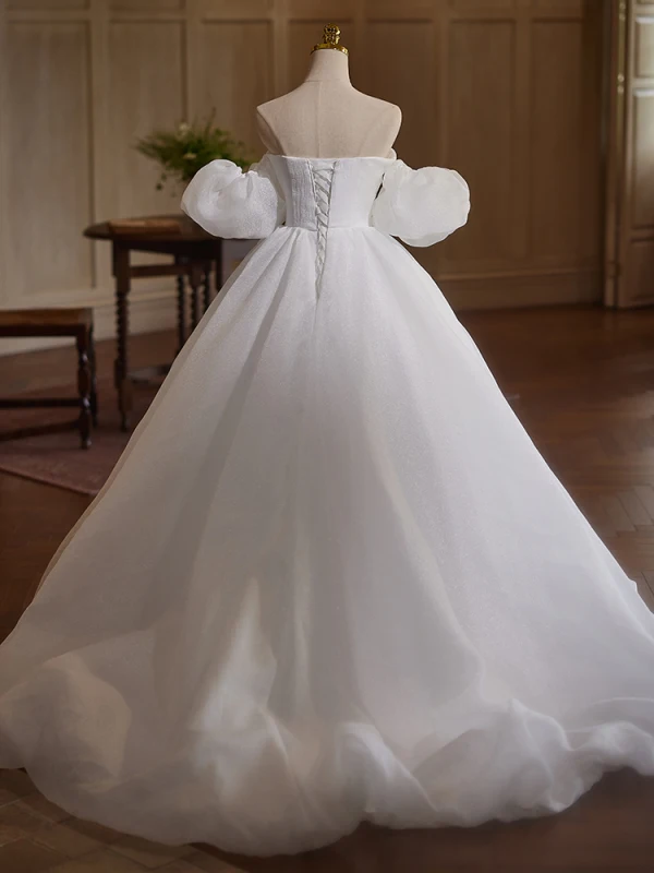 Vintage / Originale Blanche Appliques Robe De Bal 2024 Robe Boule De l'épaule Gonflée Manches Courtes Dos Nu Longue Promo Robe De Ceremonie
