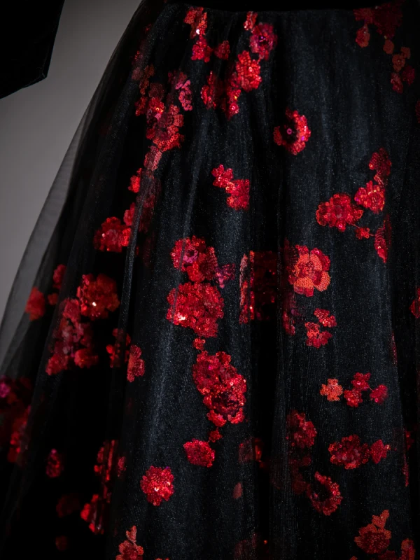 Elegant Black Long Sleeve Prom Dresses 2024 A-Line / Princess Floor-Length / Long Deep V-Neck Flower Crossed Straps Red Carpet Evening Dresses