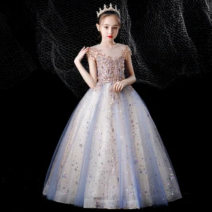 Charming Sky Blue Beading Star Sequins Birthday Flower Girl Dresses 2022 Ball Gown Scoop Neck Sleeveless Backless Floor Length Long Flower Girl Dresses