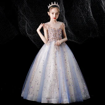 Charmant Bleu Ciel Perlage Étoile Paillettes Anniversaire Robe Ceremonie Fille 2022 Robe Boule Encolure Dégagée Sans Manches Dos Nu Longue Robe Ceremonie Fille