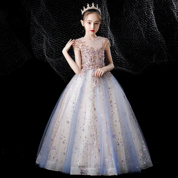 Charming Sky Blue Beading Star Sequins Birthday Flower Girl Dresses 2022 Ball Gown Scoop Neck Sleeveless Backless Floor Length Long Flower Girl Dresses