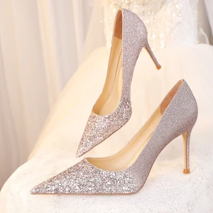 Sparkly Gold Sequins Wedding Shoes 2023 Leather 8 Cm Stiletto Heels Pointed Toe Wedding Pumps High Heels