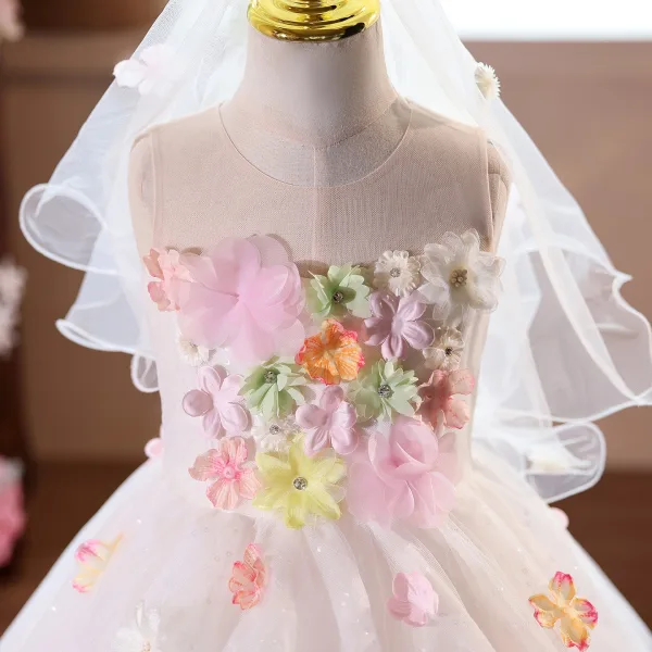 Blumenfee Weiß Applikationen Asymmetrisch Geburtstag Blumenmädchenkleider 2025 Ballkleid Rundhalsausschnitt Ärmellos