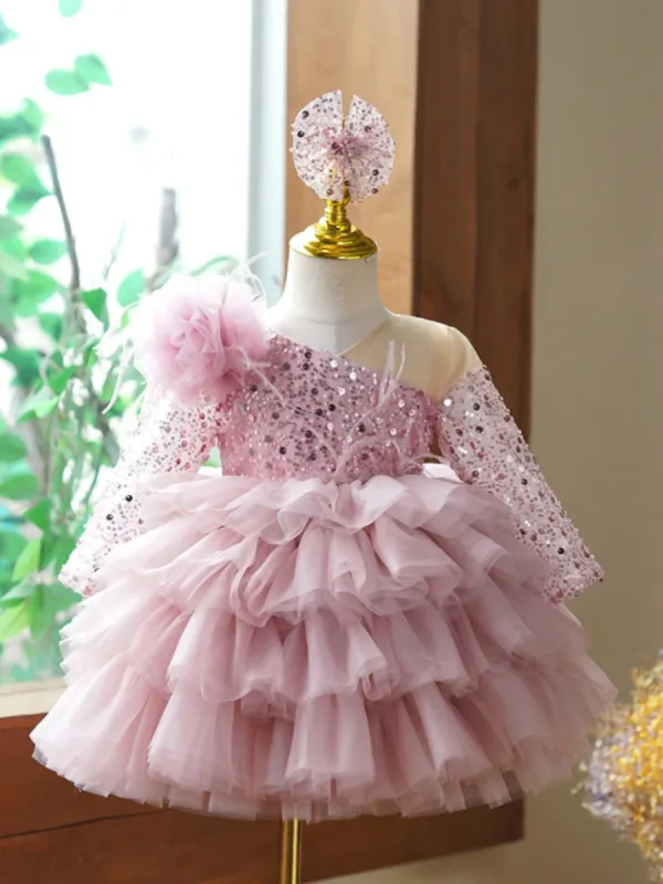 Charmant Rougissant Rose Courte Paillettes Volants en Cascade Anniversaire Robe Ceremonie Fille 2023 Robe Boule V-Cou 3/4 Manches Dos Nu