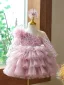 Charmant Rougissant Rose Courte Paillettes Volants en Cascade Anniversaire Robe Ceremonie Fille 2023 Robe Boule V-Cou 3/4 Manches Dos Nu