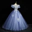 Elegant Sky Blue Beading Lace Flower Prom Dresses 2023 Ball Gown Scoop Neck Puffy Short Sleeve Backless Floor-Length / Long Prom Formal Dresses