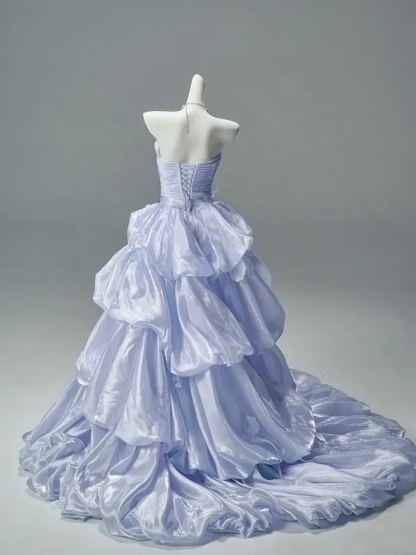 High-end Fashion Sky Blue Glitter Appliques Cascading Ruffles Prom Dresses 2026 Ball Gown Strapless Sleeveless Backless Court Train Formal Dresses