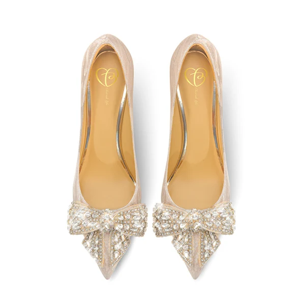 Charmant Gold Strass Pailletten Schleife Brautschuhe 2022 Leder 6 cm Stilettos Spitzschuh Hochzeit Pumps Hochhackige