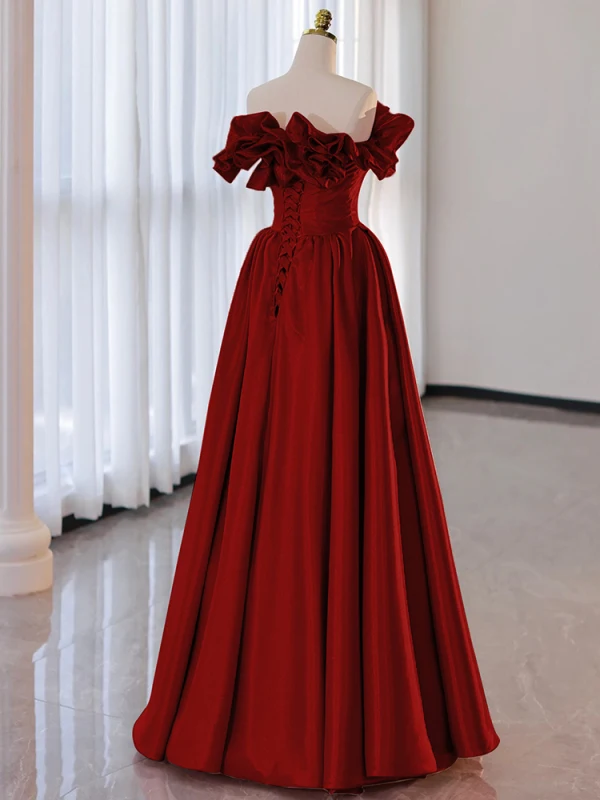 Elegant Burgundy Satin Prom Dresses 2023 A-Line / Princess Ruffle Strapless Sleeveless Backless Floor-Length / Long Prom Formal Dresses