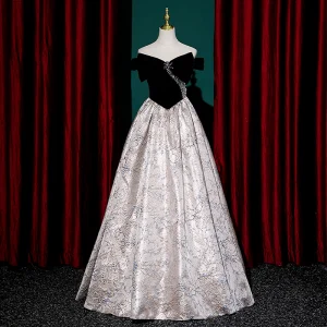 Chic Belle Noire Faux Diamant Impression Robe De Soirée 2023 Princesse De L Épaule Sans Manches Dos Nu Longue Soirée Robe De Ceremonie