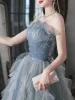 Chic / Beautiful Sky Blue Cascading Ruffles Pearl Prom Dresses 2023 A-Line / Princess Strapless Sleeveless Backless Floor-Length / Long Prom Formal Dresses