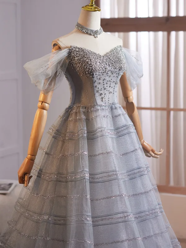 Bling Bling Grey Beading Rhinestone Sequins Prom Dresses 2025 Ball Gown Off-The-Shoulder Sleeveless Backless Floor-Length / Long Formal Dresses