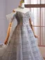 Bling Bling Grey Beading Rhinestone Sequins Prom Dresses 2025 Ball Gown Off-The-Shoulder Sleeveless Backless Floor-Length / Long Formal Dresses
