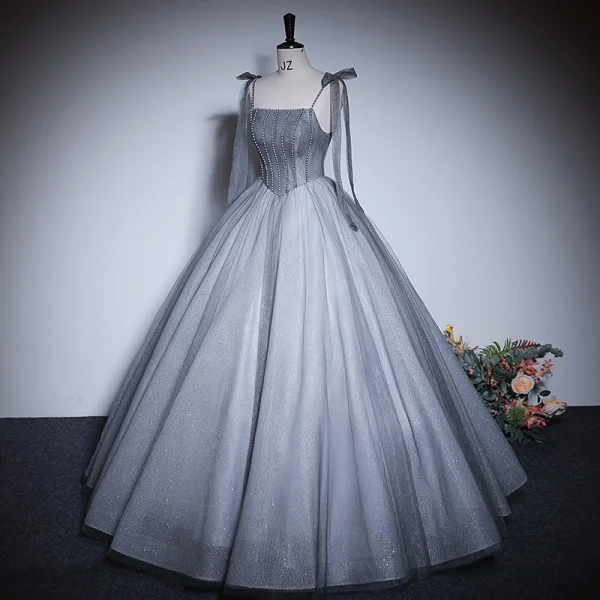 Chic / Beautiful Grey Pearl Prom Dresses 2023 Ball Gown Spaghetti Straps Sleeveless Backless Floor-Length / Long Prom Formal Dresses