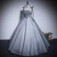 Chic / Beautiful Grey Pearl Prom Dresses 2023 Ball Gown Spaghetti Straps Sleeveless Backless Floor-Length / Long Prom Formal Dresses