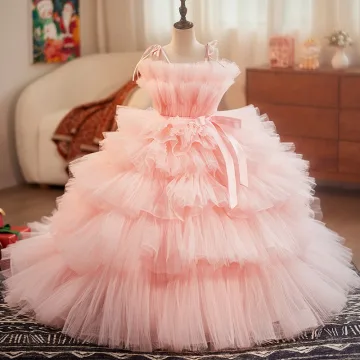 Fashion Blushing Pink Cascading Ruffles Birthday Flower Girl Dresses 2025 Ball Gown Spaghetti Straps Sleeveless Backless Bow Sash Court Train