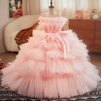 Moda Rosa Clara Volantes En Cascada Cumpleaños Vestidos Para Niñas 2025 Ball Gown Spaghetti Straps Sin Mangas Sin Espalda Bowknot Cinturón Colas De La Corte