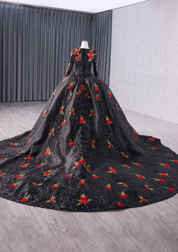 Elegant Black 3D Lace Flower Glitter Sequins Prom Dresses 2024 Ball Gown Scoop Neck Long Sleeve Royal Train Prom Formal Dresses