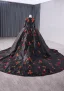 Elegant Black 3D Lace Flower Glitter Sequins Prom Dresses 2024 Ball Gown Scoop Neck Long Sleeve Royal Train Prom Formal Dresses