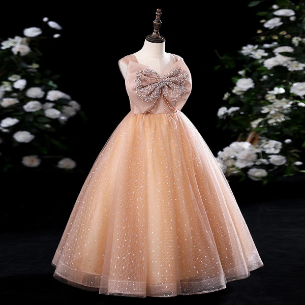 Fashion Champagne Birthday Flower Girl Dresses 2022 A-Line / Princess Square Neckline Sleeveless Backless Pearl Rhinestone Sequins Bow Floor-Length /