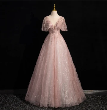 Bling Bling Skum Rosa Beading Paljetter Balklänningar 2024 Prinsessa V Hals Korta Ärm Halterneck Långa Bal Formella Klänningar