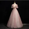 Bling Bling Dusky Pink Beading Sequins Prom Dresses 2024 A-Line / Princess V-Neck Short Sleeve Backless Floor-Length / Long Prom Formal Dresses