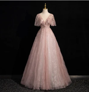 Bling Bling Rosado Oscuro Rebordear Lentejuelas Vestidos De Gala 2024 A Line Princess V Cuello Manga Corta Sin Espalda Largos Gala Vestidos Formales