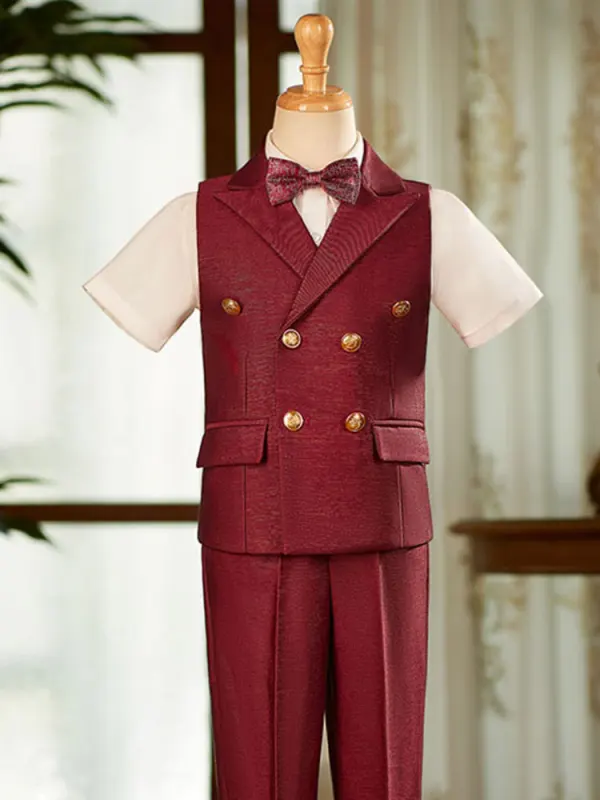 Burgundy Short Sleeve 4-piece Boys Wedding Suits 2025 Pants Shirt Tie Vest