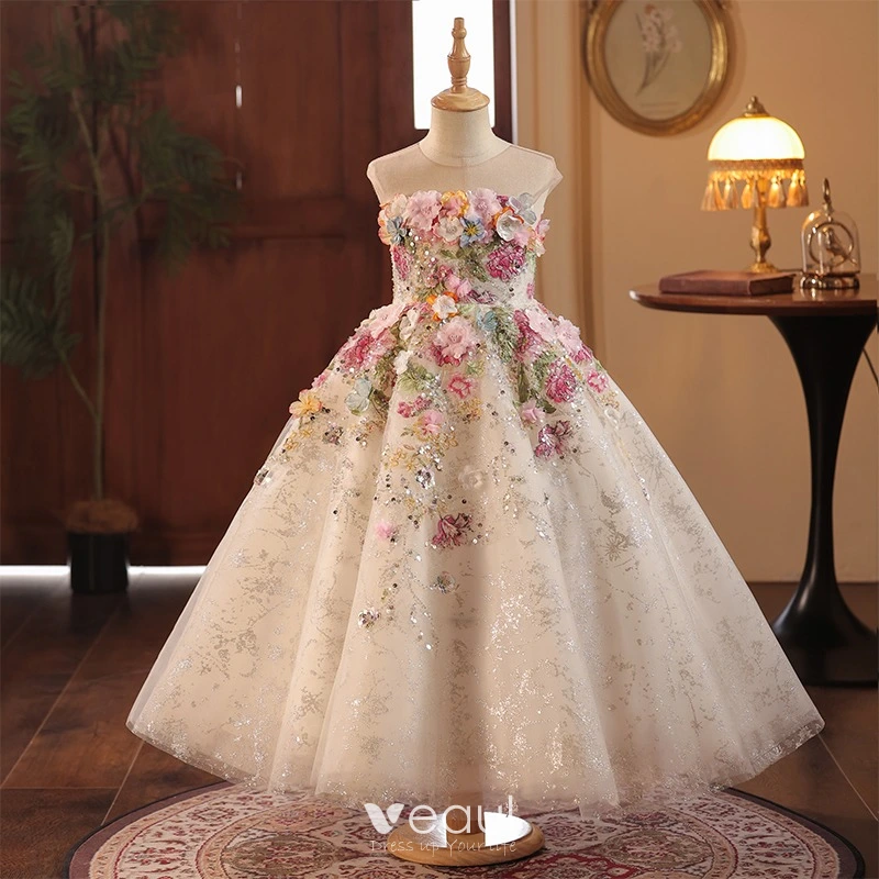 Flower Fairy Beige Pearl Sequins Appliques Tea-length Flower Girl Dresses  2024 Ball Gown Scoop Neck Sleeveless Tulle Wedding