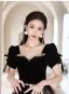 Fashion Black Rhinestone Prom Dresses 2024 A-Line / Princess Square Neckline Short Sleeve Backless Bow Sash Floor-Length / Long Prom Formal Dresses
